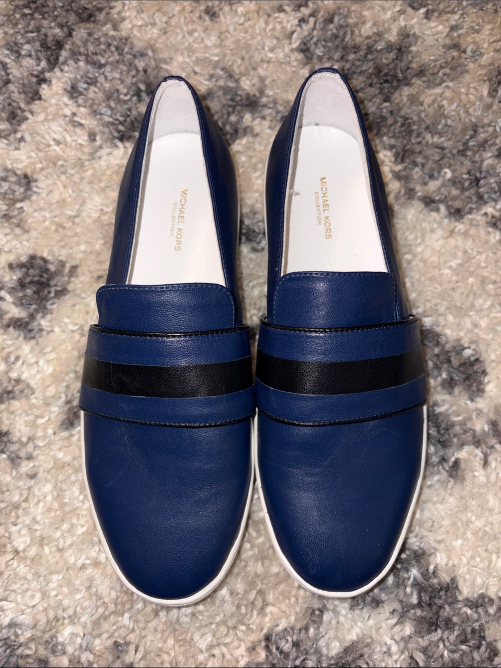 Michael Kors Navy Leather Slip-On Loafers with Black Stripe